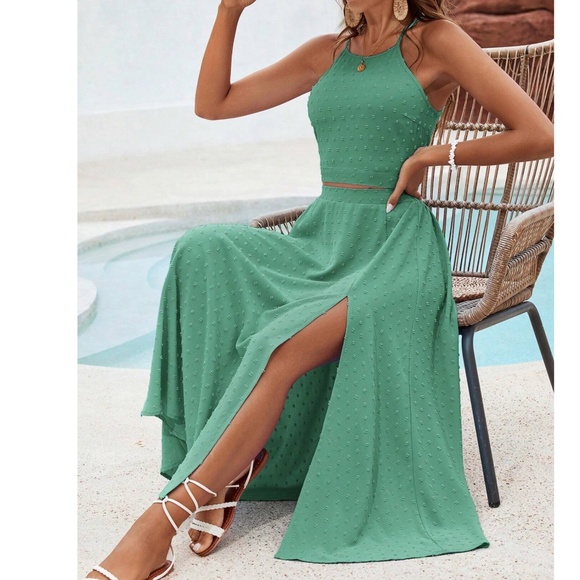 Boho Swiss Dot halter Crop Top High Waisted Maxi Skirt - Picture 2 of 9